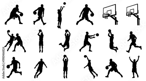 Basketball Players and Hoops Silhouettes Vector Set - Sports, Athletics, Game Graphics