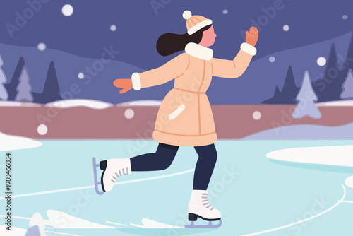 Illustration Of A Woman Ice Skating In The Winter Park Vector Design Template