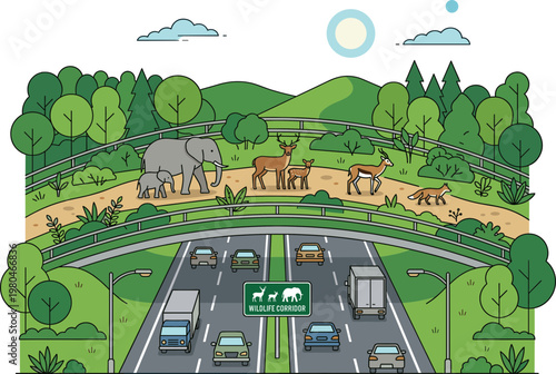Wildlife crossing over a highway, illustrating the importance of ecological corridors for animal migration and conservation efforts