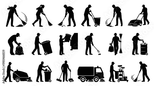 Cleaning and Sanitation Workers Silhouettes Vector Icons Set - Waste Management Services