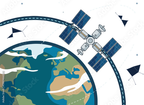 A sophisticated communication satellite orbits Earth, symbolizing global connectivity and advanced technological infrastructure for data transmission and remote sensing from space