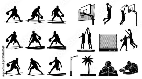 Basketball Player Silhouettes in Black and White - Sports Vector Art