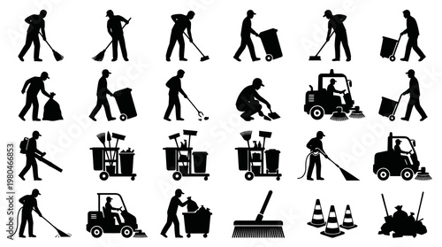 Cleaning Service Icons: Janitor, Broom, Mop, Trash Can, Sweeper, Cart