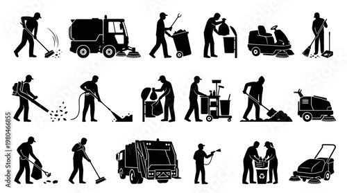 Black  White Glyph Icons of Sanitation and Cleaning Workers with Equipment