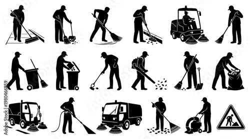 Cleaning Service Icons: Silhouettes of Workers with Tools and Vehicles