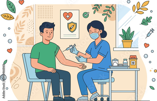 Healthcare professional administering a vaccine injection to a male patient in a clinic setting, promoting health and safety