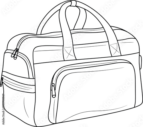 Flat vector line drawing duffel bag illustration, fashion accessory design sketch