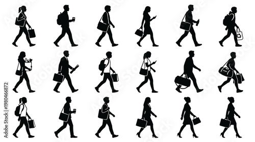 Black and White Silhouettes of People Walking with Bags and Briefcases