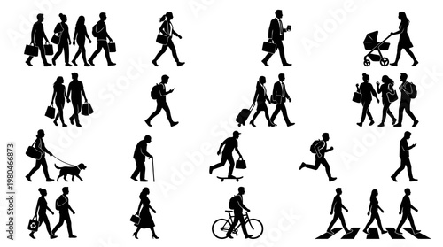 Diverse Silhouettes of People Walking, Jogging, and with Baby Stroller