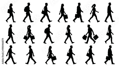 Black and White Silhouettes of People Walking with Bags