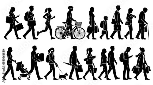 Diverse Pedestrians Black Silhouette Vector Glyphs: People Walking, Running, Cycling, Lifestyle