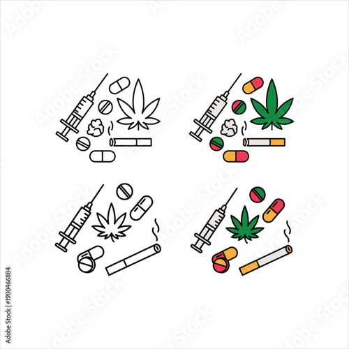 Drug Addiction Cannabis Pills Syringe Set Line Art Flat Design Vector Illustration