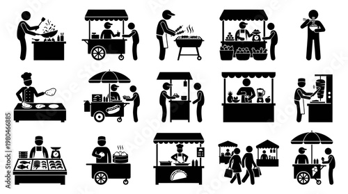 Black and White Icon Set of Street Food Vendors and Market Stalls