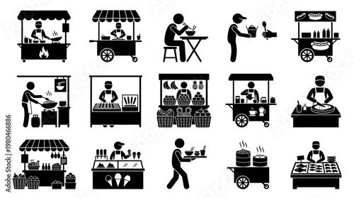 Black  White Glyph Icons of Street Food Vendors and Stalls