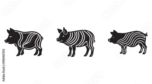 Black and white pig silhouettes with meat cuts isolated on white background for food and butcher concepts