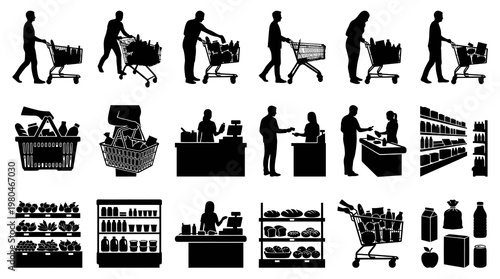 Shopping and Supermarket Retail Icons - Black Silhouette Glyph Vector Set