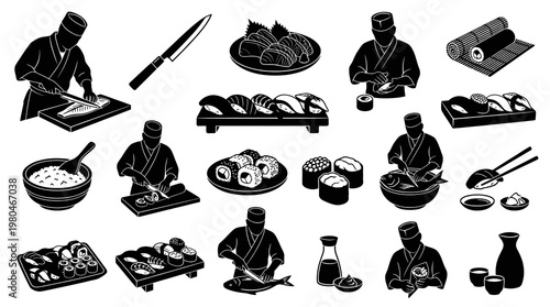 Sushi Chef Preparing Food Black and White Line Art Stock Asset