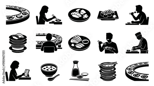 Japanese Sushi Food Restaurant Glyphs Icons Set - Black and White Vector Silhouettes