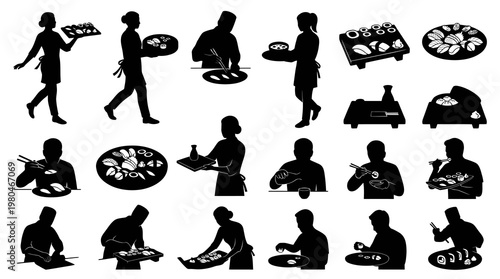 Black and White Silhouettes of People Eating and Preparing Sushi