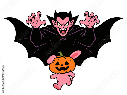 Spooky Halloween Scene with Vampire Dracula Character Chasing a Cute Bunny Rabbit Wearing a Pumpkin Head Mask Vector Illustration