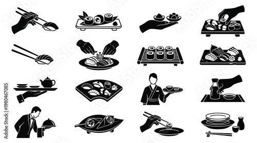Japanese Food Sushi Vector Icons Set Black and White Glyph Art