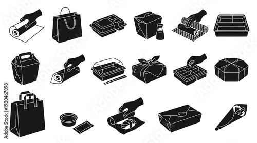 Black  White Food Packaging Icons - Bento Boxes, Bags, Sushi Rolls