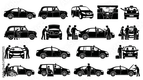 Black and White Icons of Taxis, Passengers, and Drivers in Various Situations