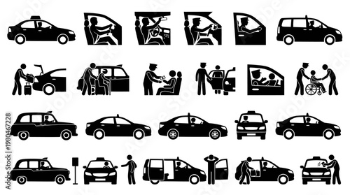 Black  White Icons of Taxis, Drivers, Passengers, and Car Service
