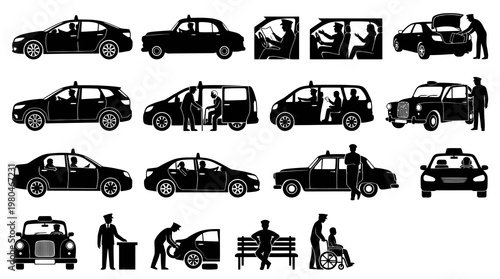 Black and White Icons of Taxis and Drivers