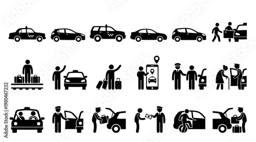 Black and white glyph icons of transportation and passenger services