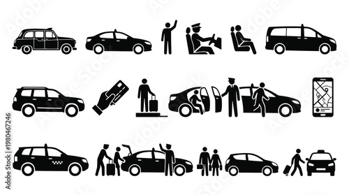 Black and white icons for car sharing, taxi and ride-hailing services