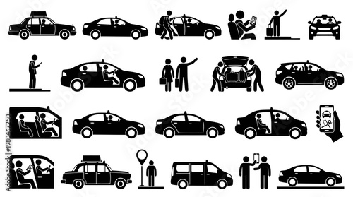 Black  White Glyph Icons of Taxis, Rideshare, and Transportation Services