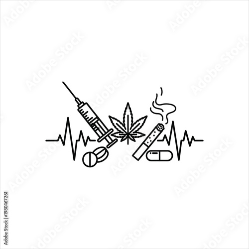 Drug Abuse Symbols Cannabis Syringe Cigarette Line Art Vector Illustration
