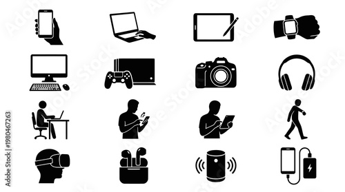 Digital Technology Devices and Connectivity Glyph Icons Set