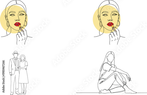 Continuous Line Art Bundle – Woman Applying Lipstick, Female Portrait, Couple Standing and Sitting Woman Minimal Vector Illustration Set