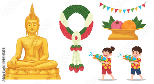 Traditional Thai Songkran festival set featuring a golden Buddha statue, floral garland, water guns, and festive offerings.