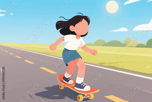 Illustration Of A Young Girl Skateboarding On An Open Road In The Summer Vector Design Template