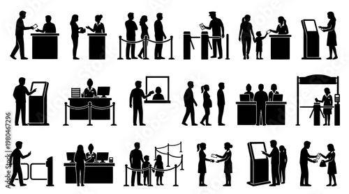 Customer Service, Ticketing  Access Control Silhouettes: People Queuing, Kiosks, Desks Vector Glyphs