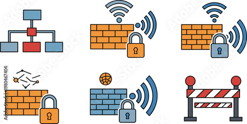 Network security and firewall flat icon set with lock wifi wall protection symbols for cybersecurity system and data defense design