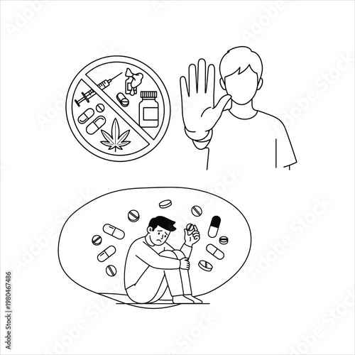 Drug Addiction Awareness Stop Drugs Prevention Concept Line Art Vector Illustration