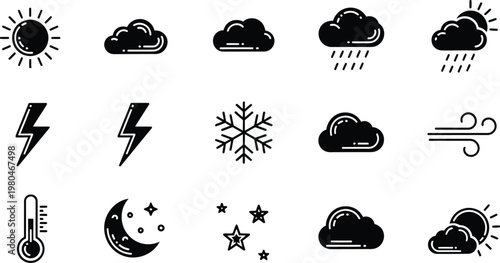 Weather forecast icons set with sun clouds rain thunder snow wind temperature night symbols clear sky climate change