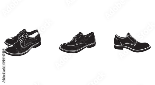 Black shoes with white outlines in different positions and angles for fashion and design  isolated on white background