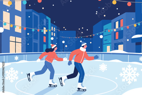 Illustration Of A Happy Couple Skating On Ice At An Ice Rink In The Middle Of The City Vector Design Template