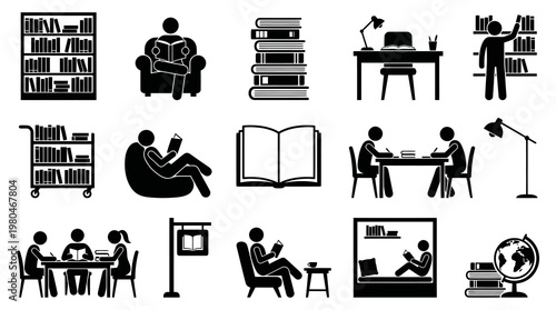 Black  White Glyph Library and Reading Icons Set for Education and Study