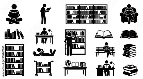 Library Education Reading Books Glyph Icons Set