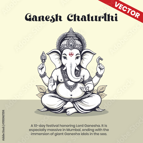 Tableau sur toile Hand Drawn Lord Ganesha Sketch for Ganesh Chaturthi, Vintage Style Hindu God Ill