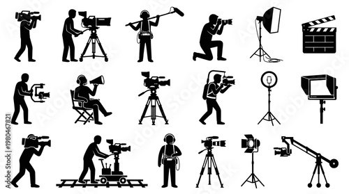 Filmmaking Production Glyph Icons Set: Camera Crew, Director, Sound, Lights Equipment
