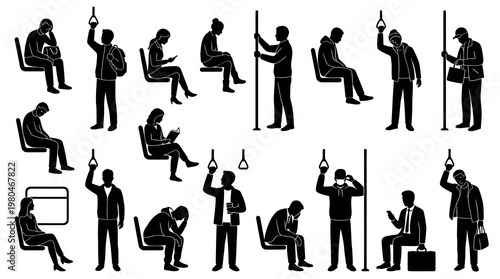 Transportation Passengers Silhouette Set - Commuters Riding Subway, Train, Bus Black Glyphs
