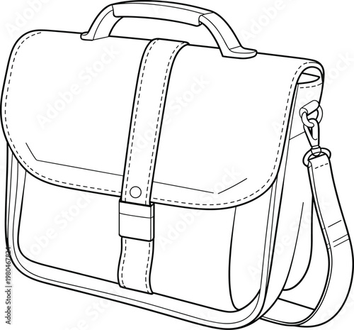 Flat vector line drawing satchel bag illustration, fashion accessory design sketch