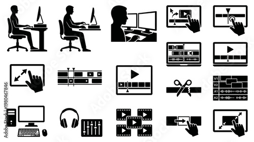 Glyph Video Production and Editing Icons Set - Digital Media Post-Production Tools